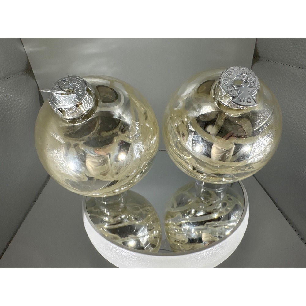 WC Glass Christmas Ball Ornaments Set of 2 Silver Champagne Swirl Angel Charm